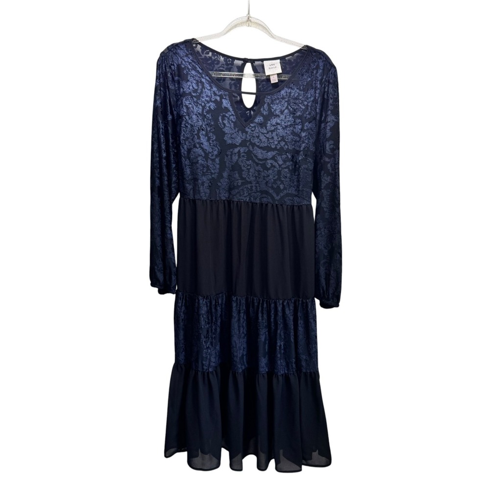 Knox Rose Boho Blue Black Goth Velvet Burnout Tiered Sheerโ Chiffon Midi Dress L